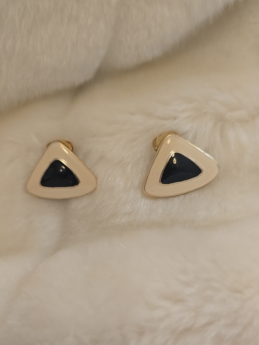 Vintage Gold-Tone Cream  Triangle Earrings with Black Enamel Inset